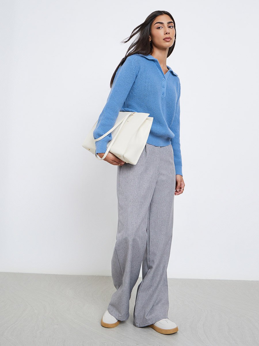 Blue Regular Fit Knit Sweater with Button Placket