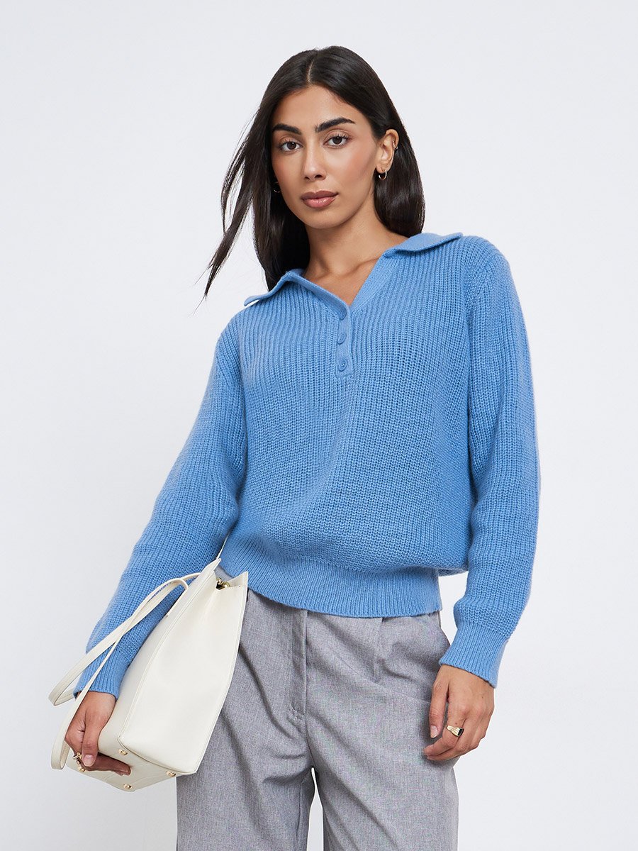 Blue Regular Fit Knit Sweater with Button Placket
