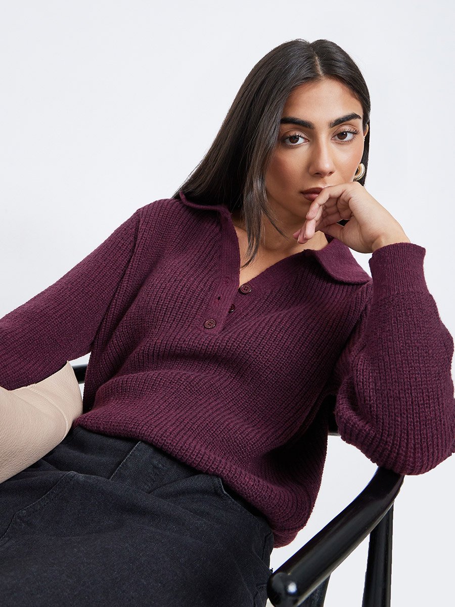 Burgundy Regular Fit Knit Sweater with Button Placket