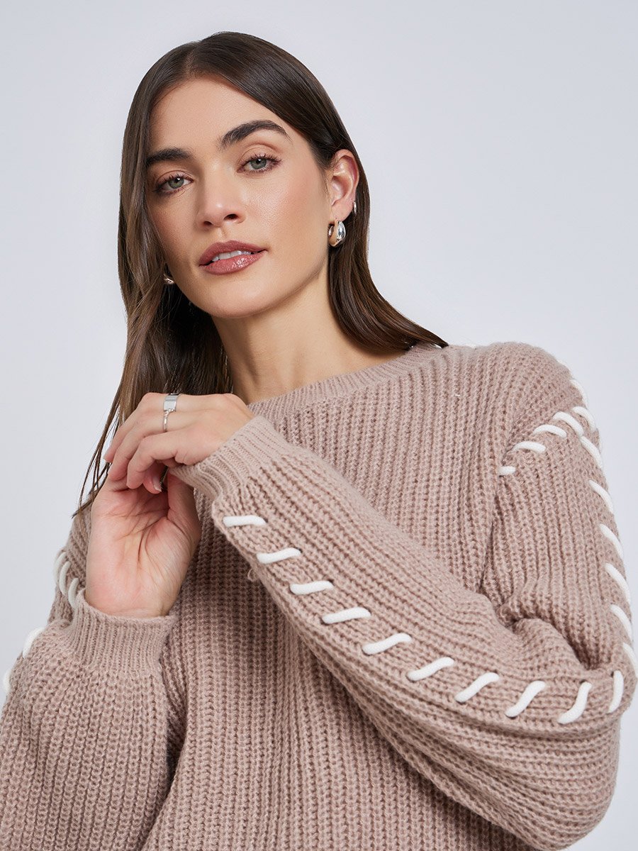 Beige Chunky Knit Sweater with Stitch Detail