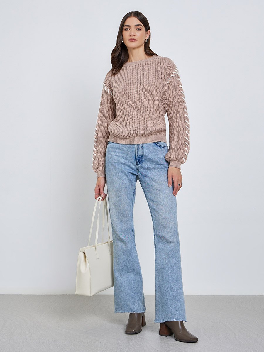 Beige Chunky Knit Sweater with Stitch Detail