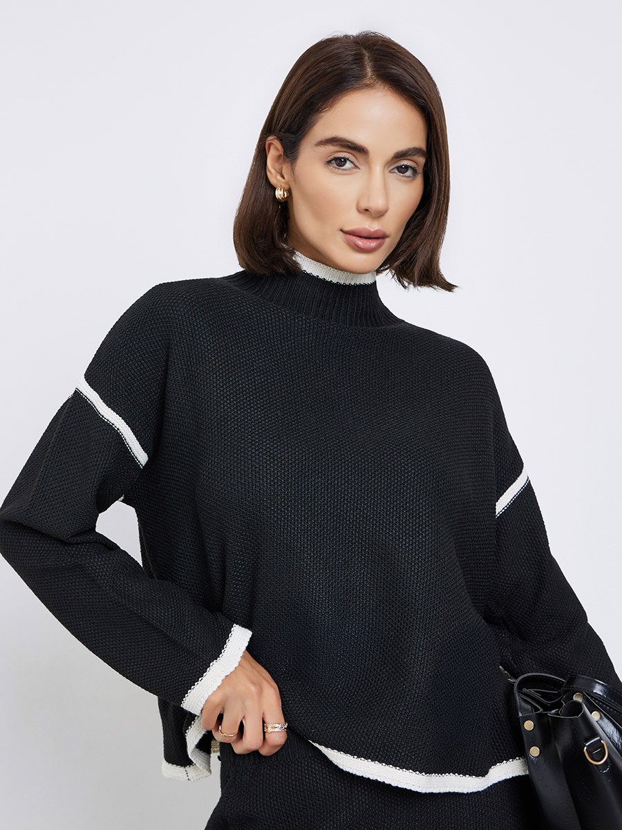 Black Regular Fit Sweater with Contrast Trim