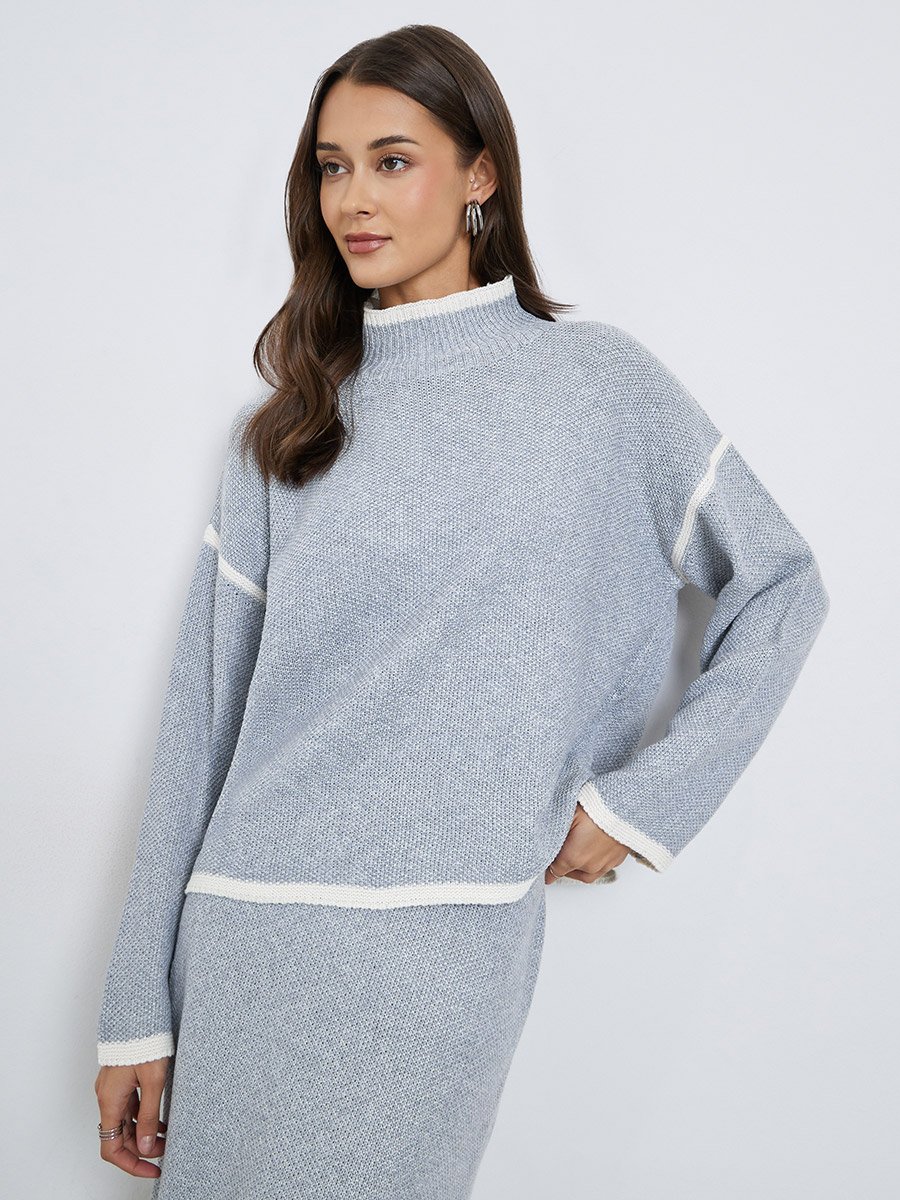 Grey Regular Fit Sweater with Contrast Trim