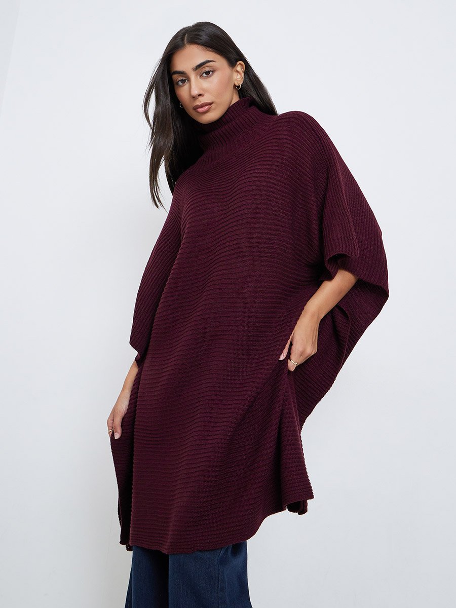 Burgundy Oversized Chunky Knit Cape Sweater