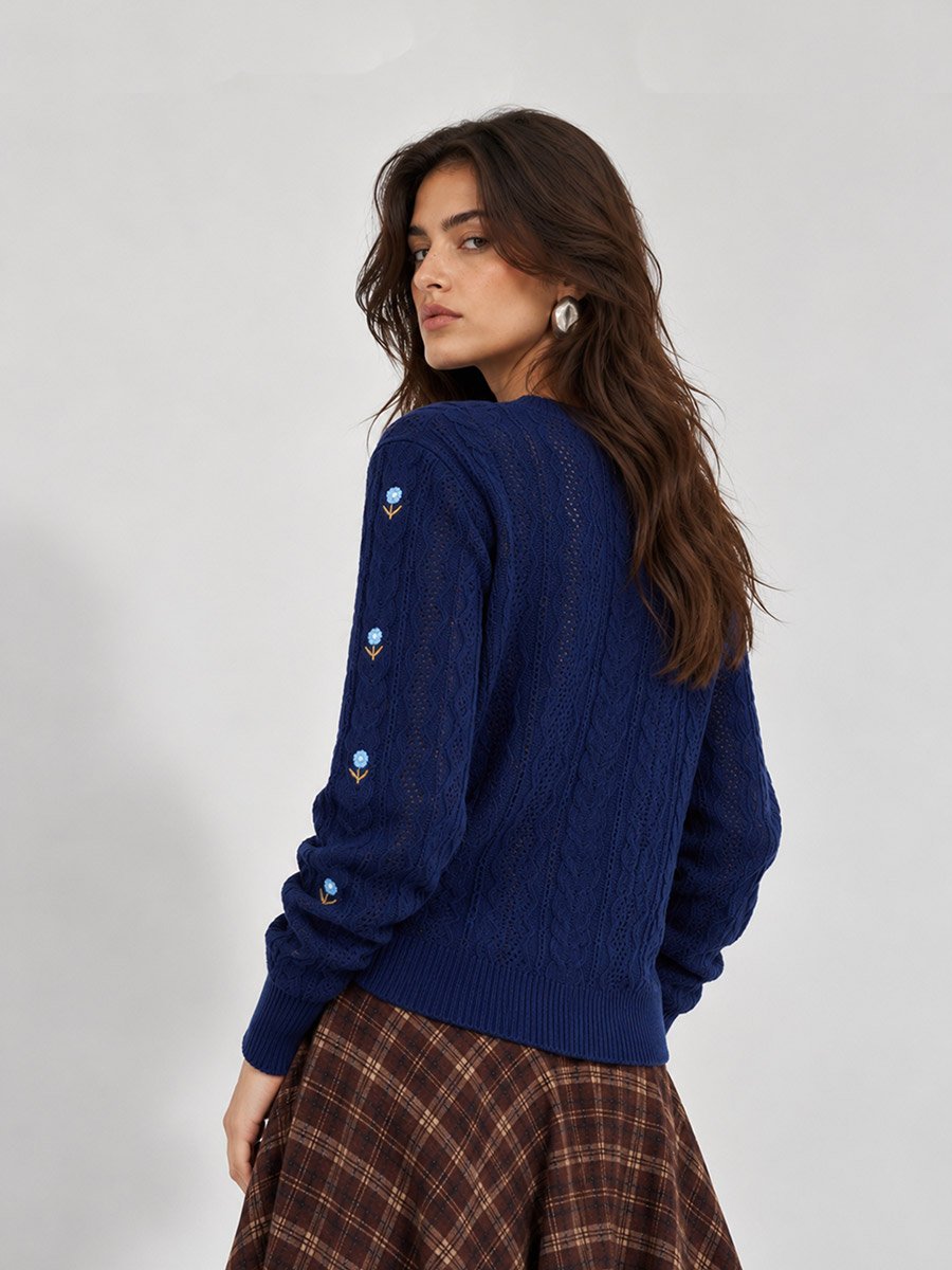 Navy Blue Floral Embroidered Cable Knit Sweater