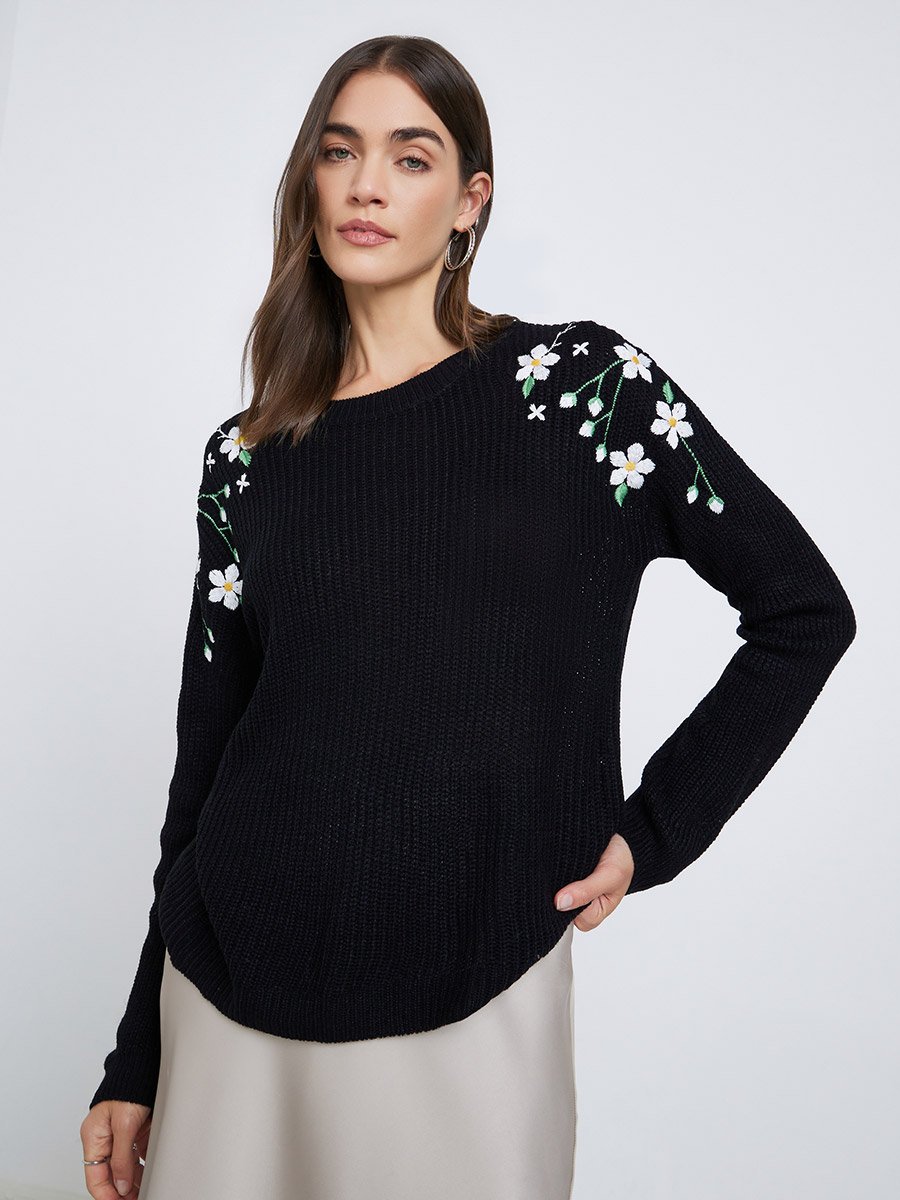 Black Floral Embroidered Chunky Knit Sweater