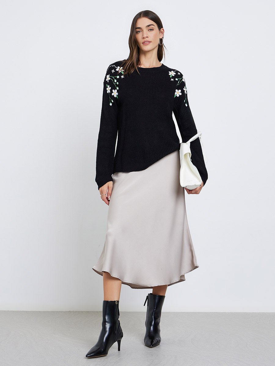 Black Floral Embroidered Chunky Knit Sweater