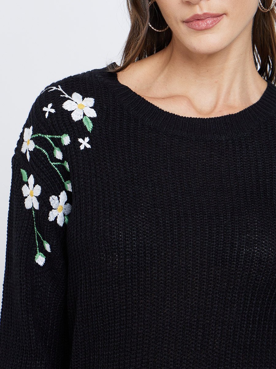 Black Floral Embroidered Chunky Knit Sweater