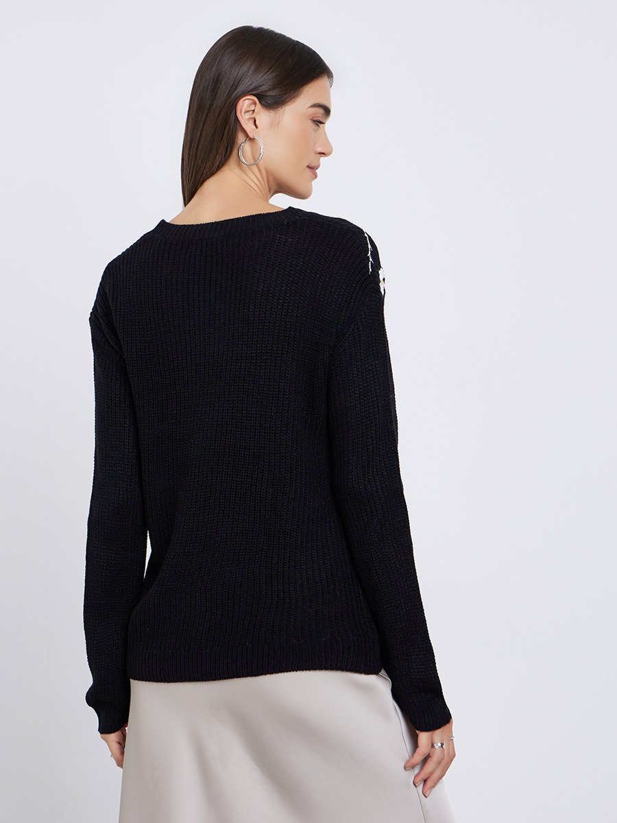 Black Floral Embroidered Chunky Knit Sweater