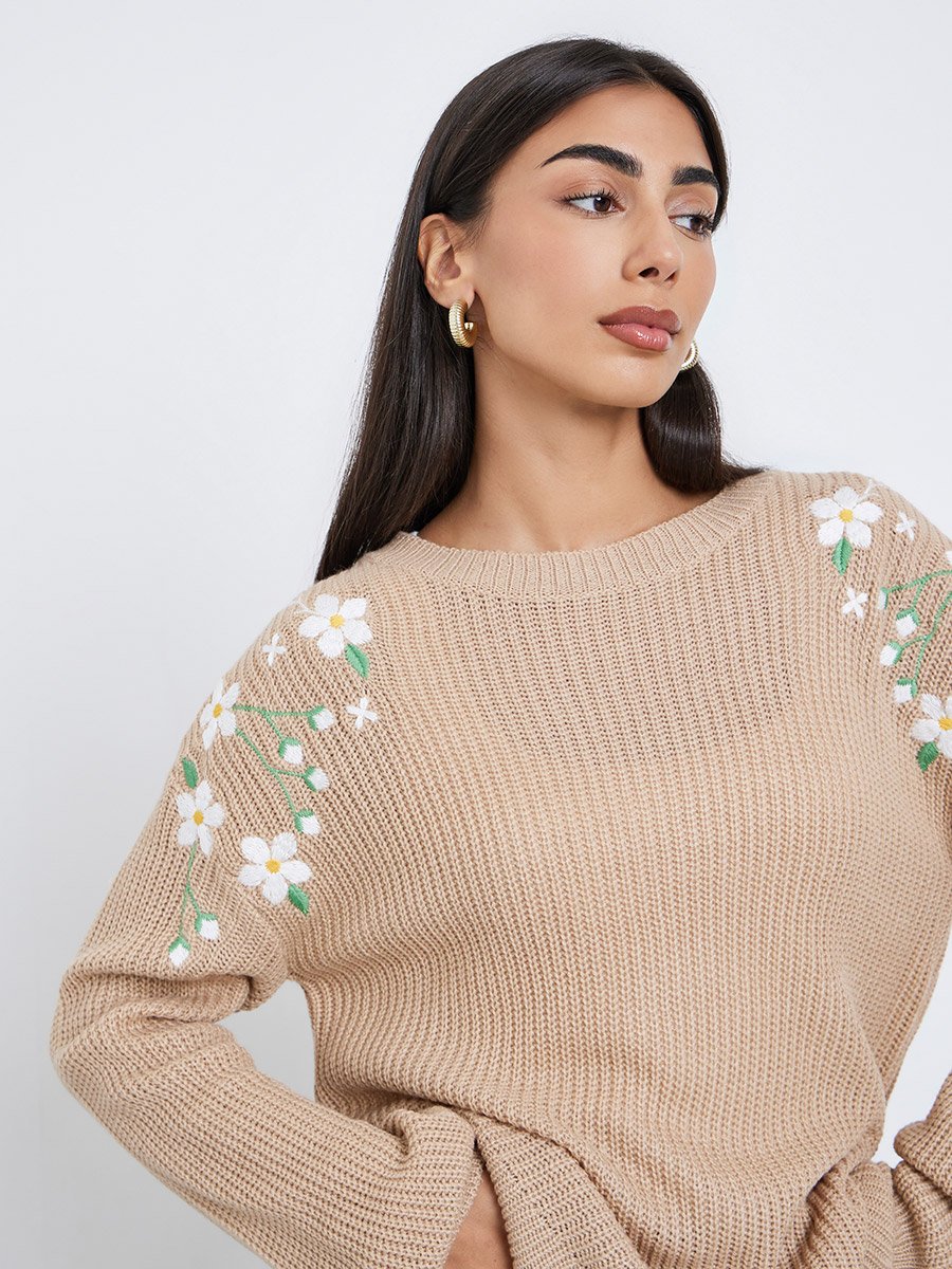 Beige Floral Embroidered Chunky Knit Sweater