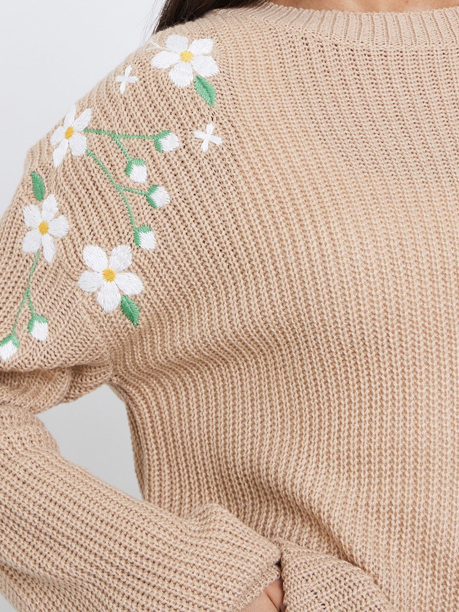 Beige Floral Embroidered Chunky Knit Sweater