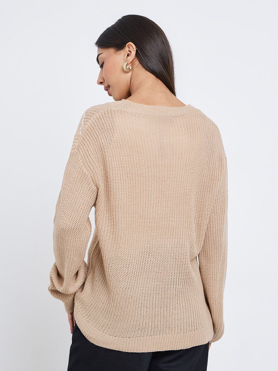 Beige Floral Embroidered Chunky Knit Sweater