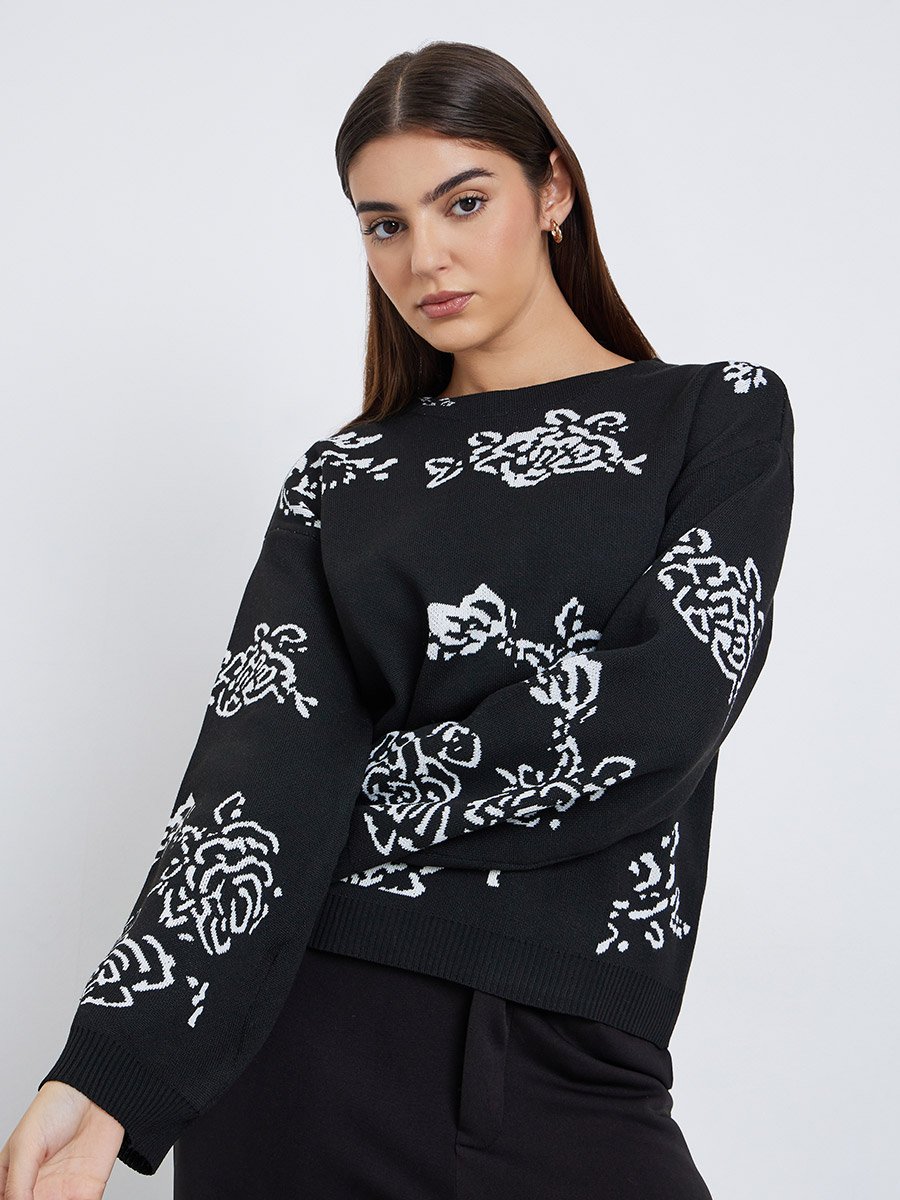 Black Regular Fit Floral Jacquard Knit Sweater