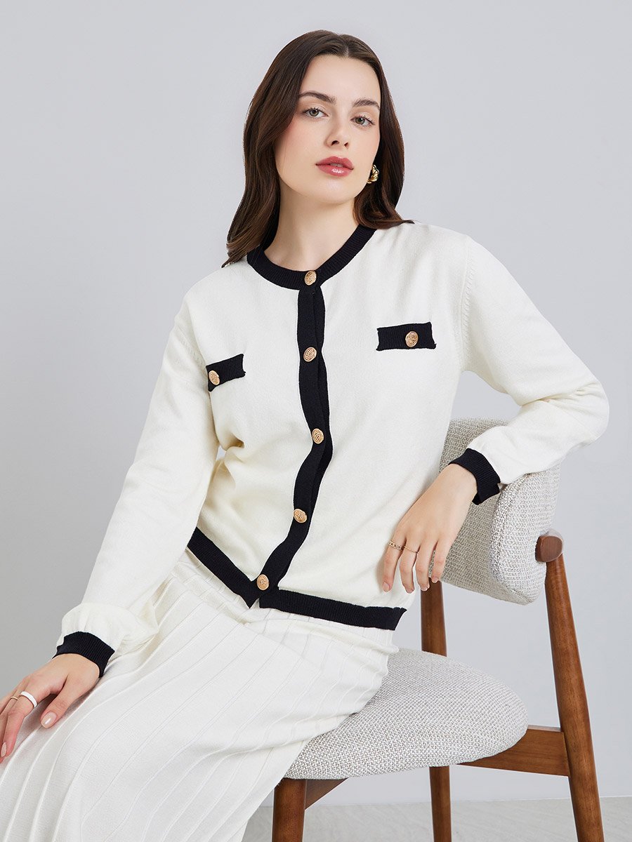Off White Regular Fit Cardigan with Contrast Trim
