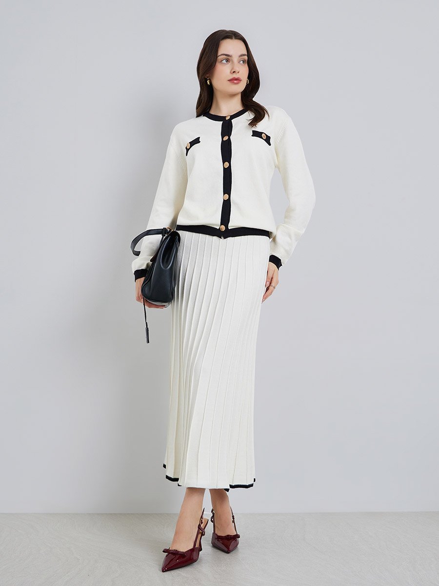 Off White Regular Fit Cardigan with Contrast Trim
