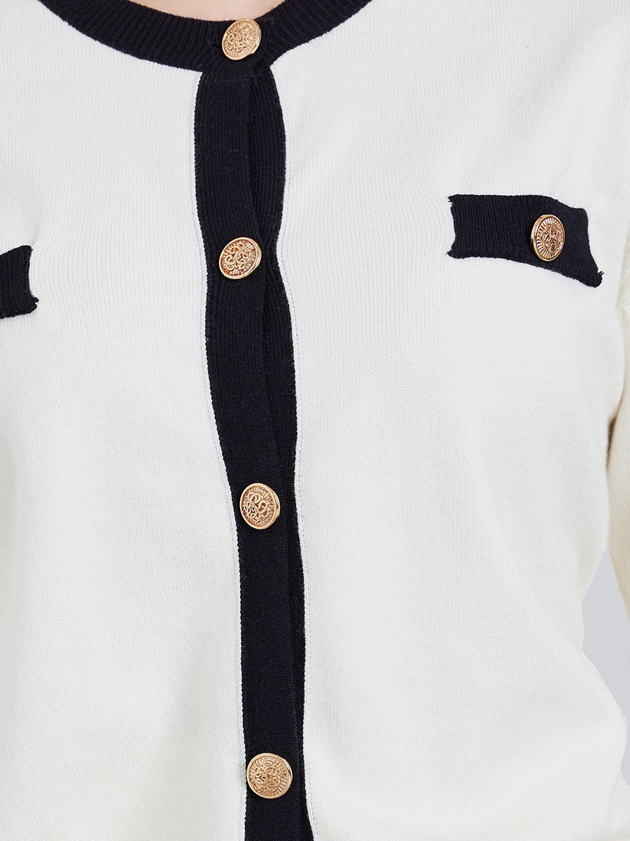 Off White Regular Fit Cardigan with Contrast Trim