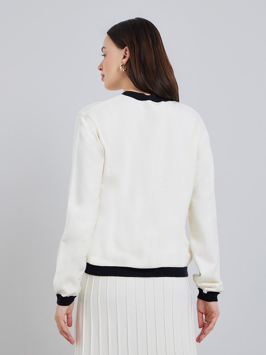 Off White Regular Fit Cardigan with Contrast Trim