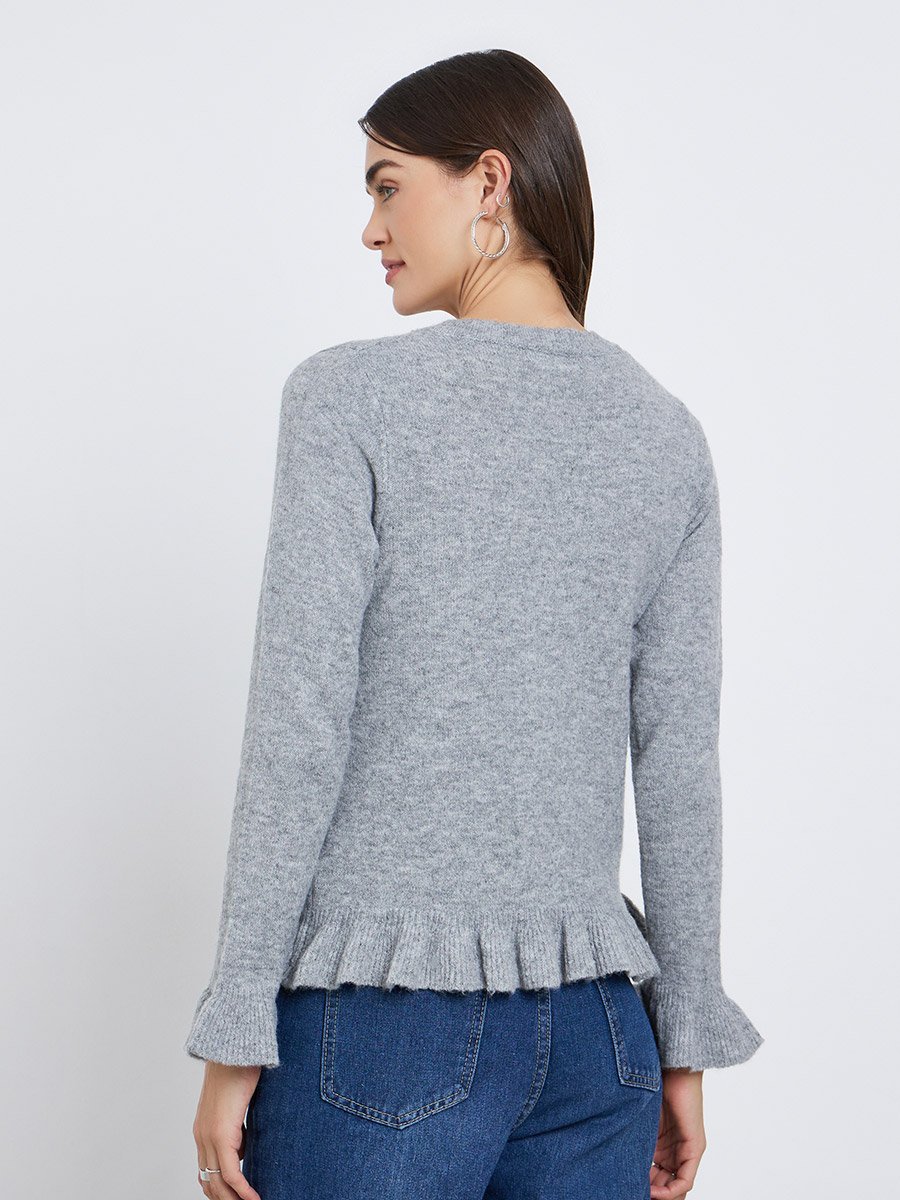 Grey Regular Fit Ruffle Trim Knit Cardigan