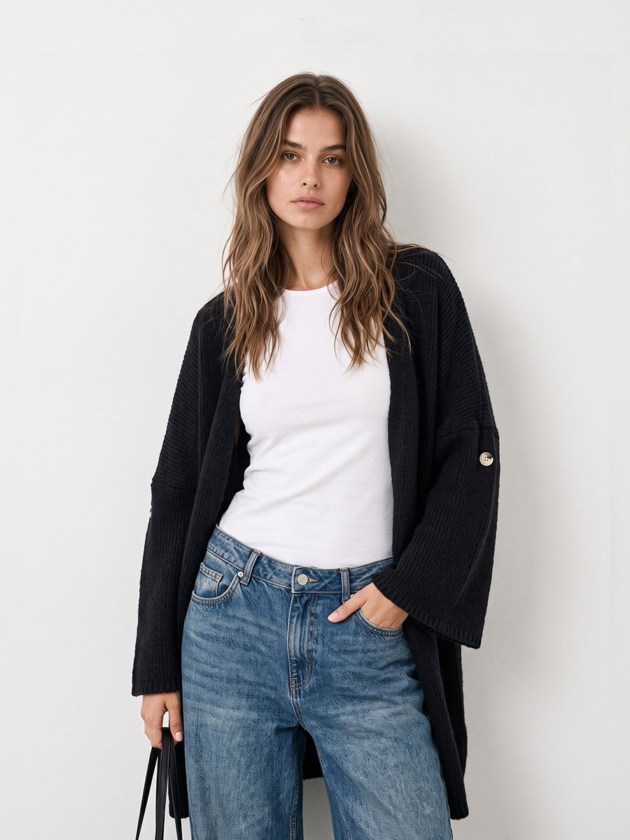 Black Brushed Yarn Longline Cardigan