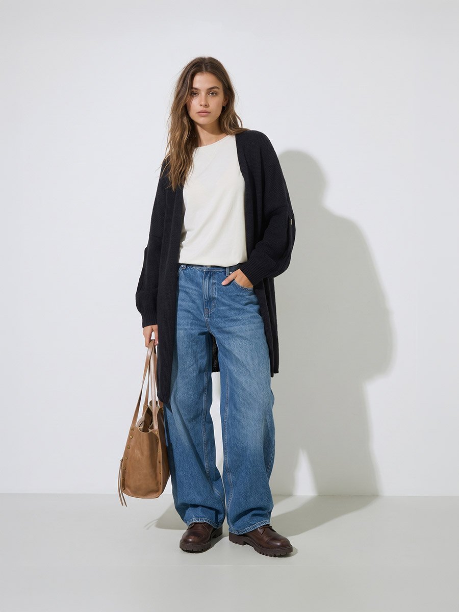 Black Brushed Yarn Longline Cardigan