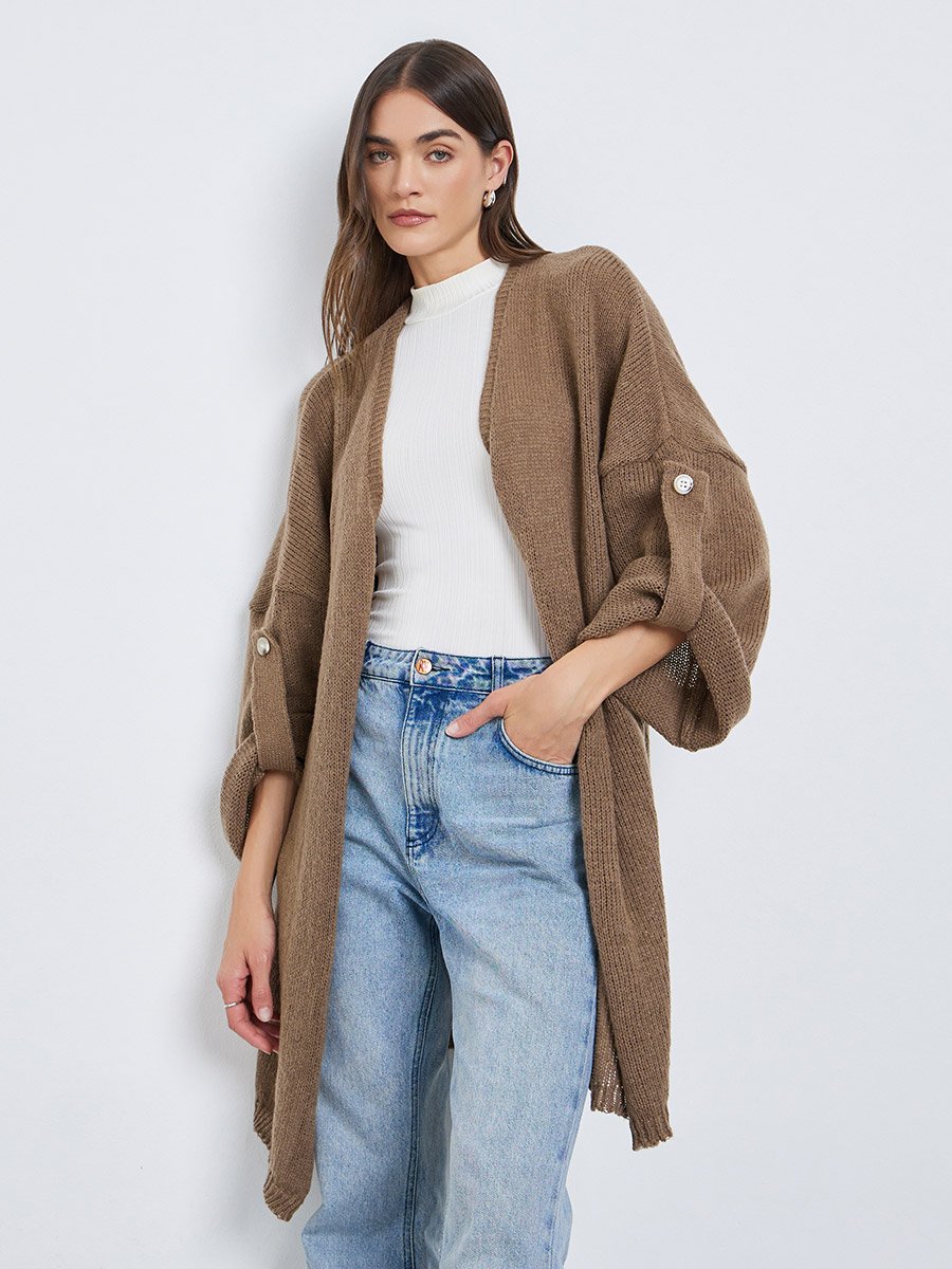 Tan Brushed Yarn Longline Cardigan