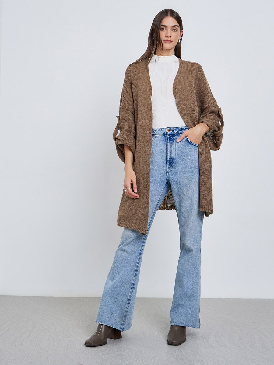 Tan Brushed Yarn Longline Cardigan