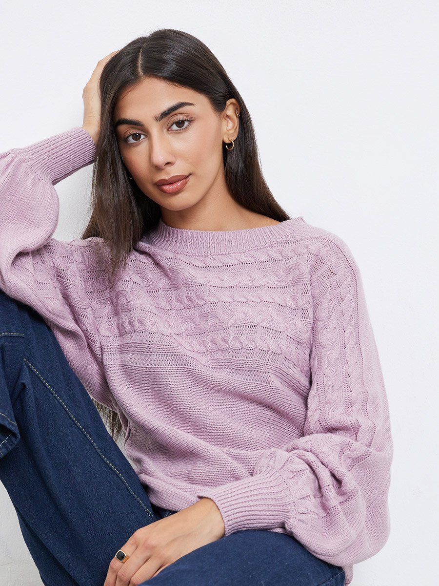 Lilac Balloon Sleeve Cable Knit Sweater