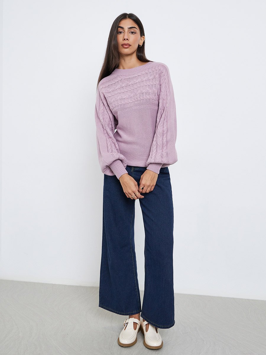 Lilac Balloon Sleeve Cable Knit Sweater