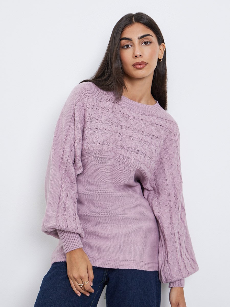 Lilac Balloon Sleeve Cable Knit Sweater