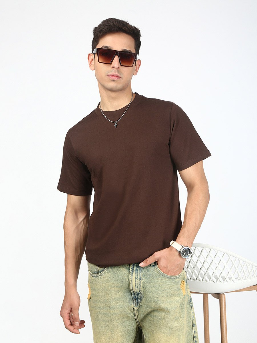 Men Brown Solid Regular Fit T-Shirt