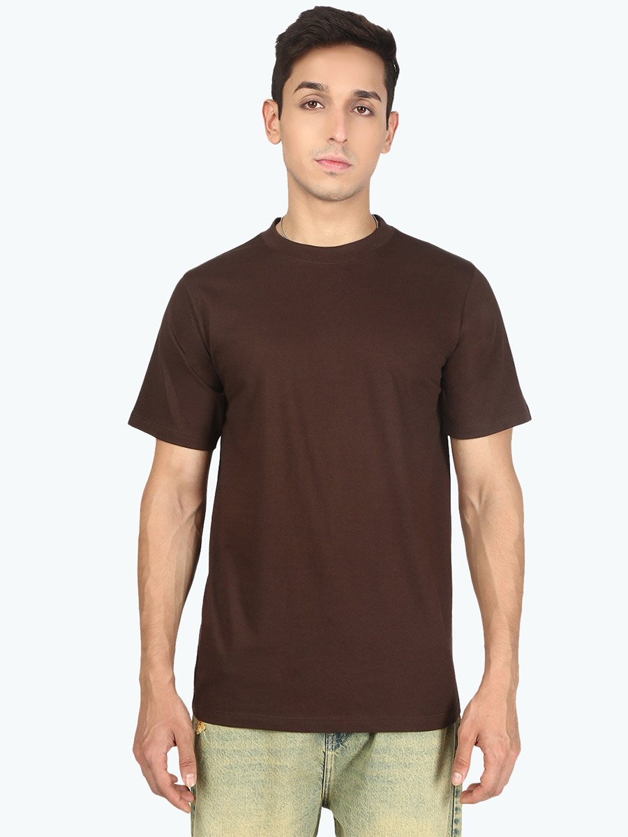 Men Brown Solid Regular Fit T-Shirt