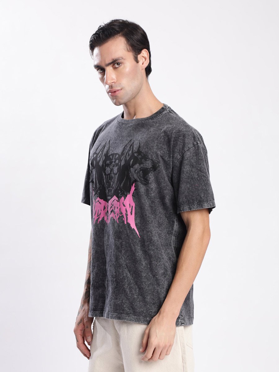 Men Grey Acid Wash Graphic T-Shirt
