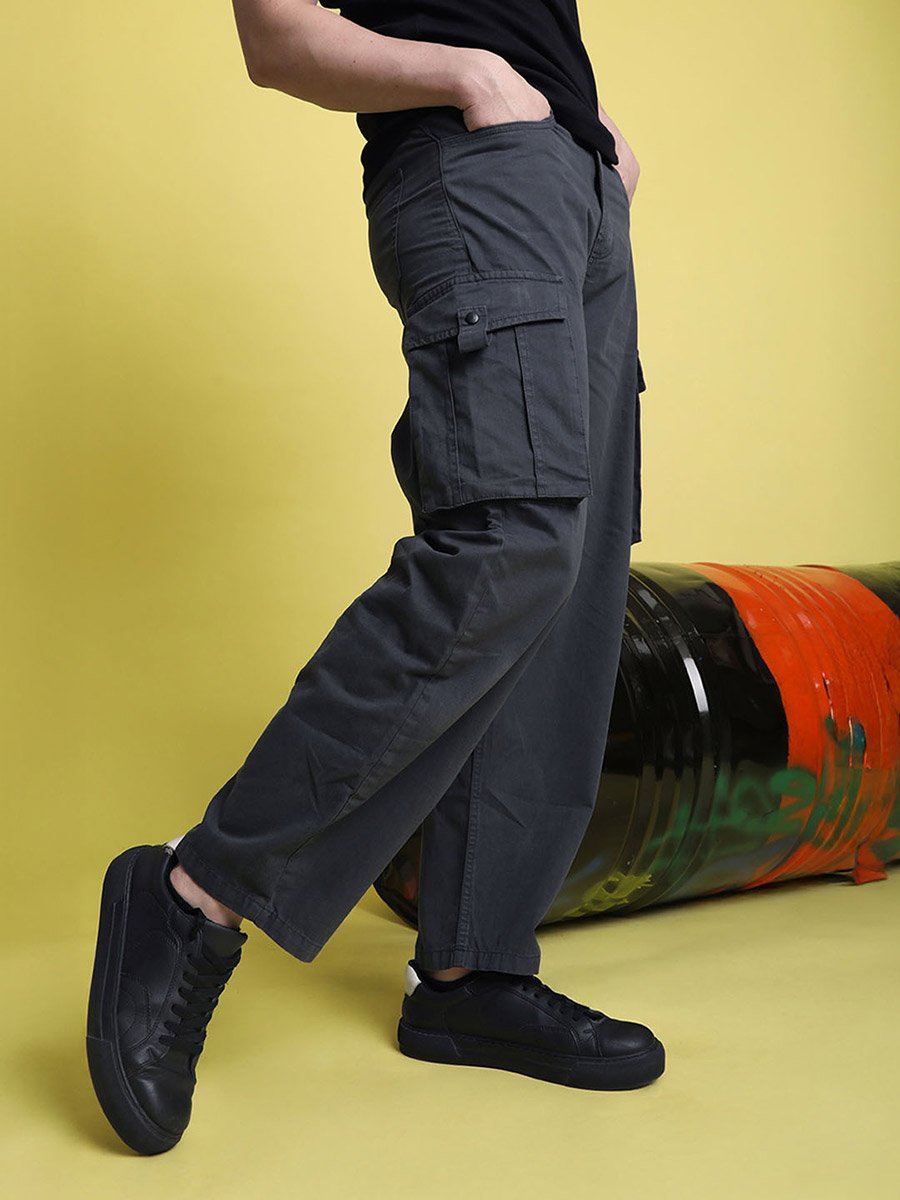 Men Grey Baggy Fit Cargo Trousers