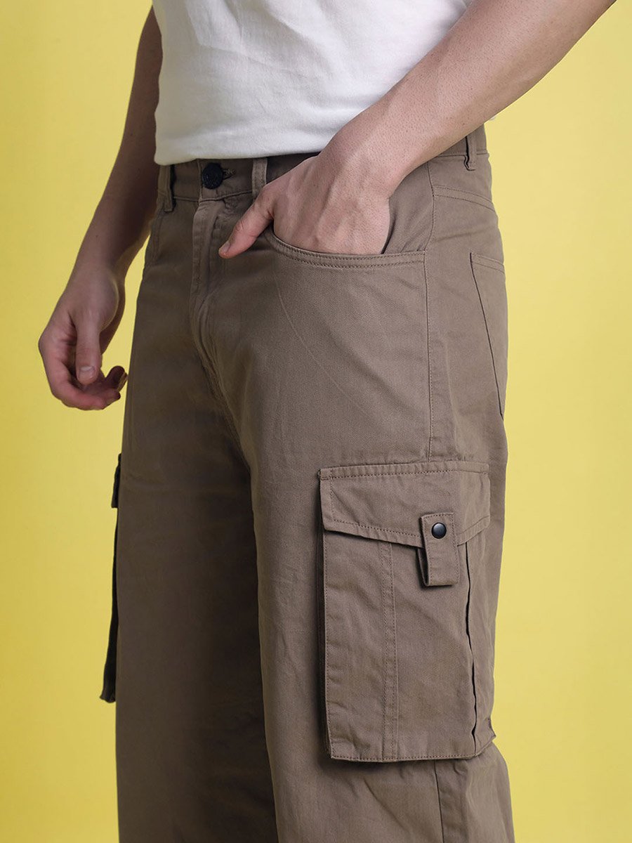 Men Brown Baggy Fit Solid Cargo Trousers