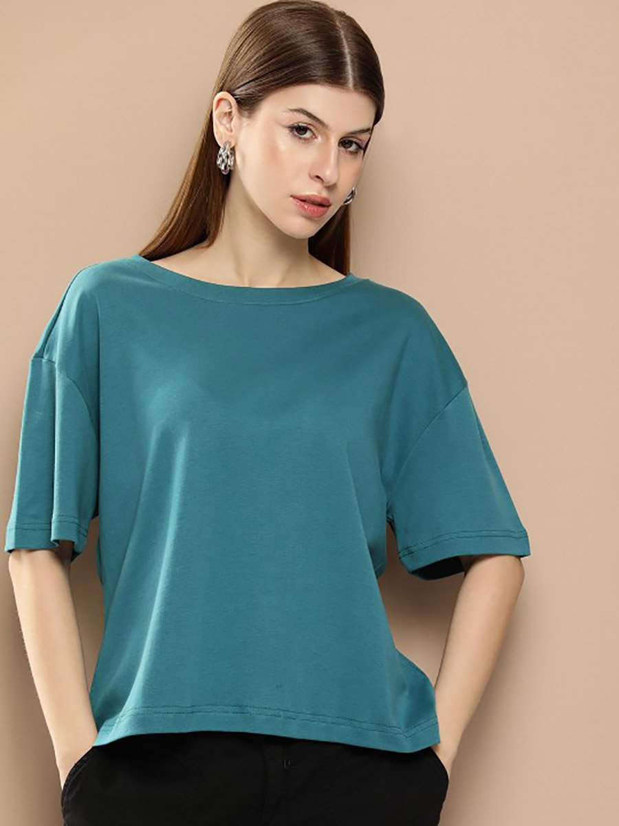 Women Green Cotton Boxy T-Shirt