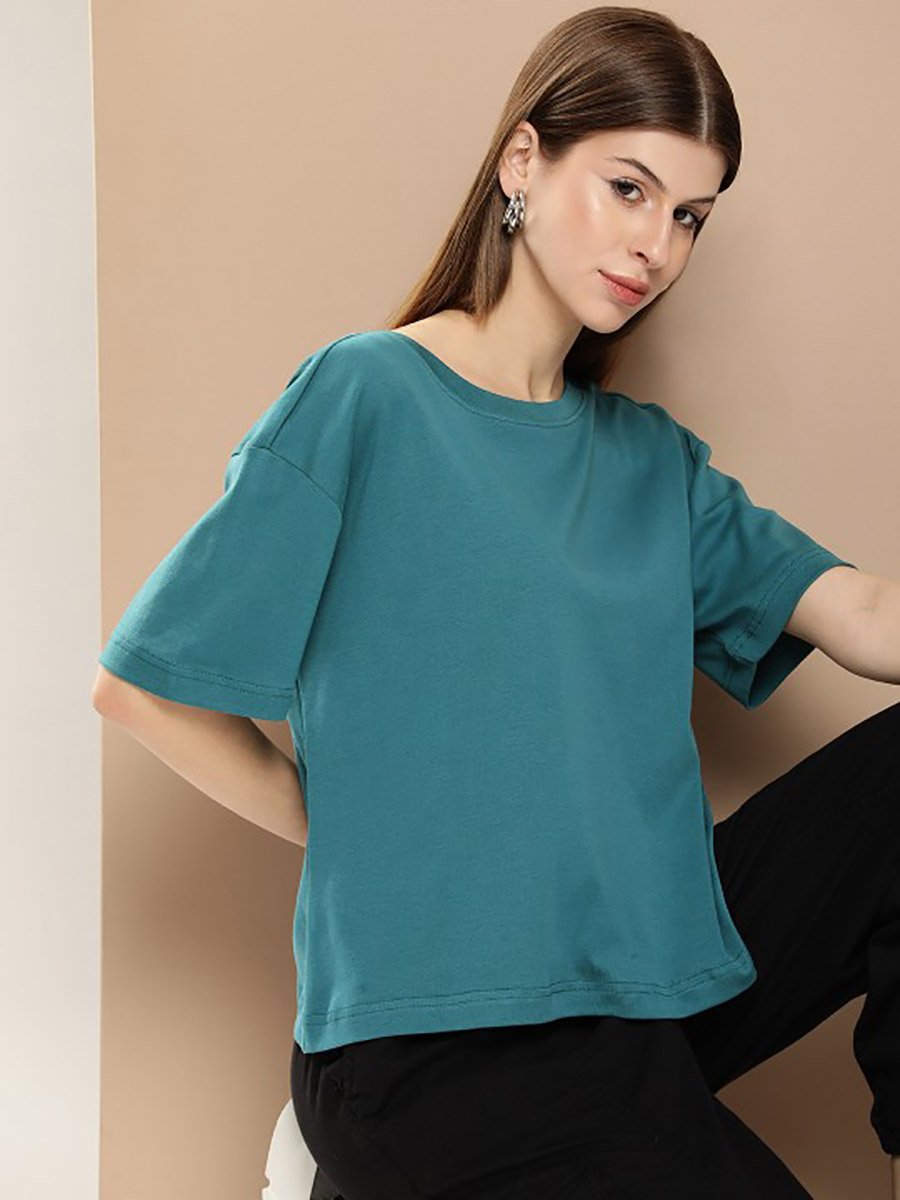 Women Green Cotton Boxy T-Shirt