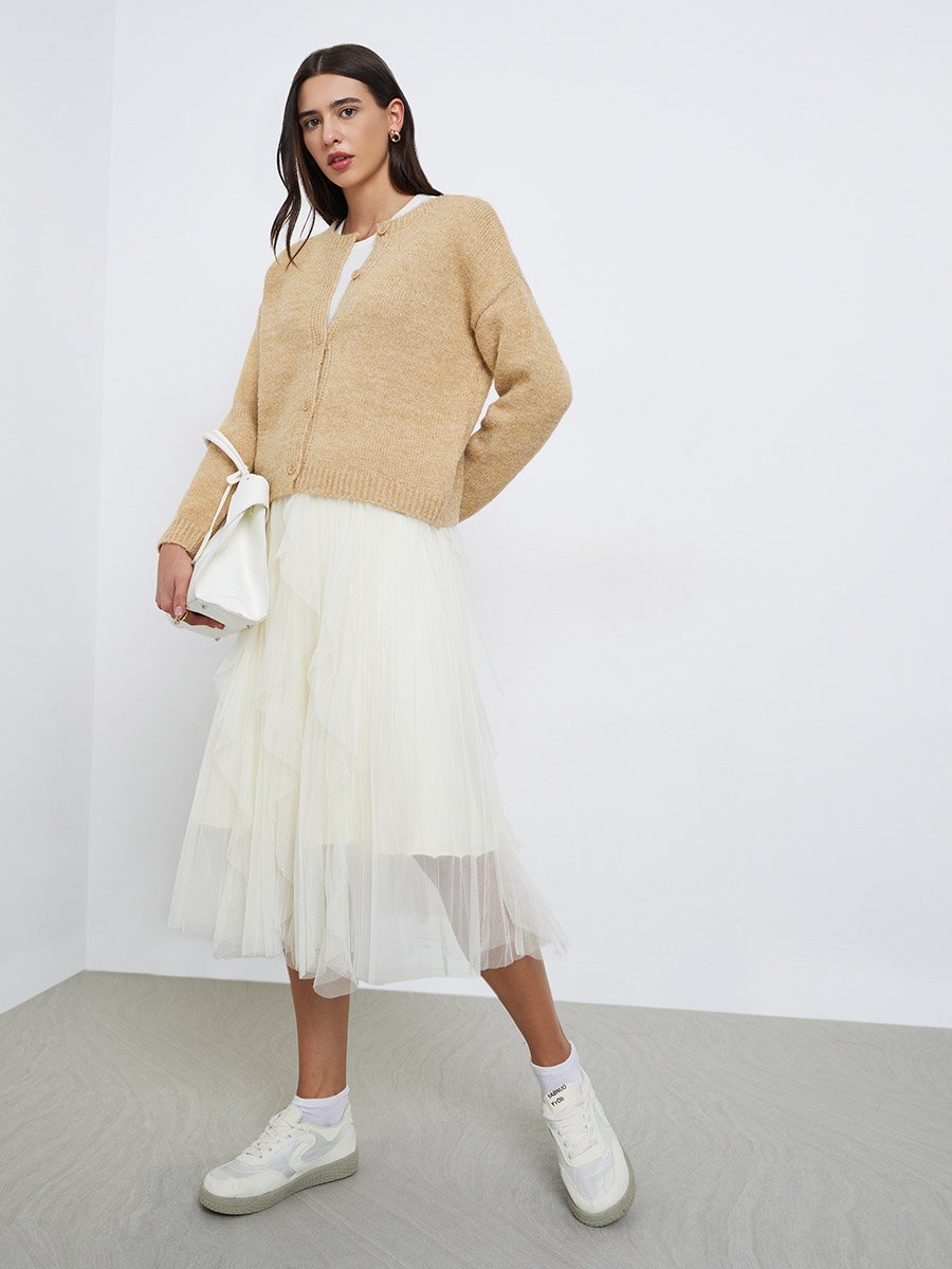 Off White Tulle Mesh Midi Skirt