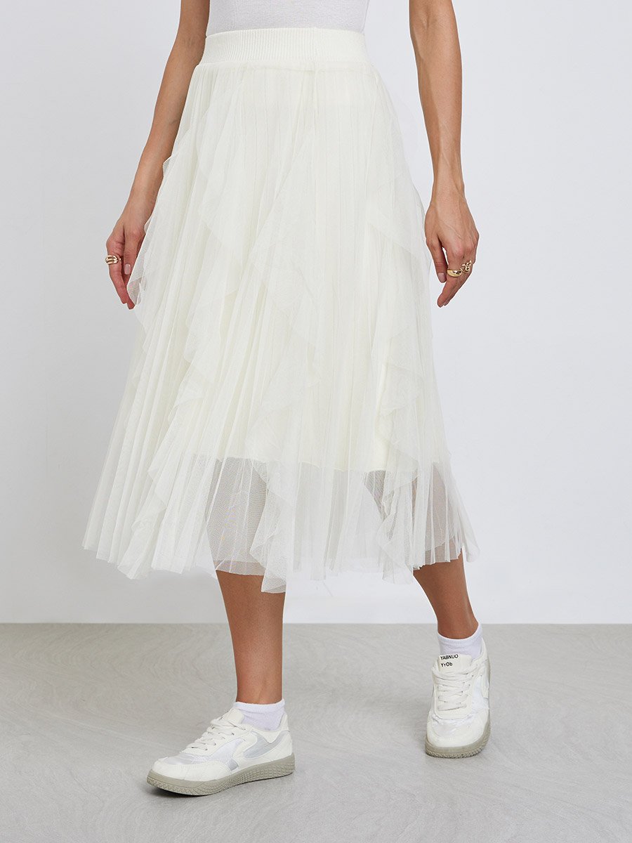 Off White Tulle Mesh Midi Skirt