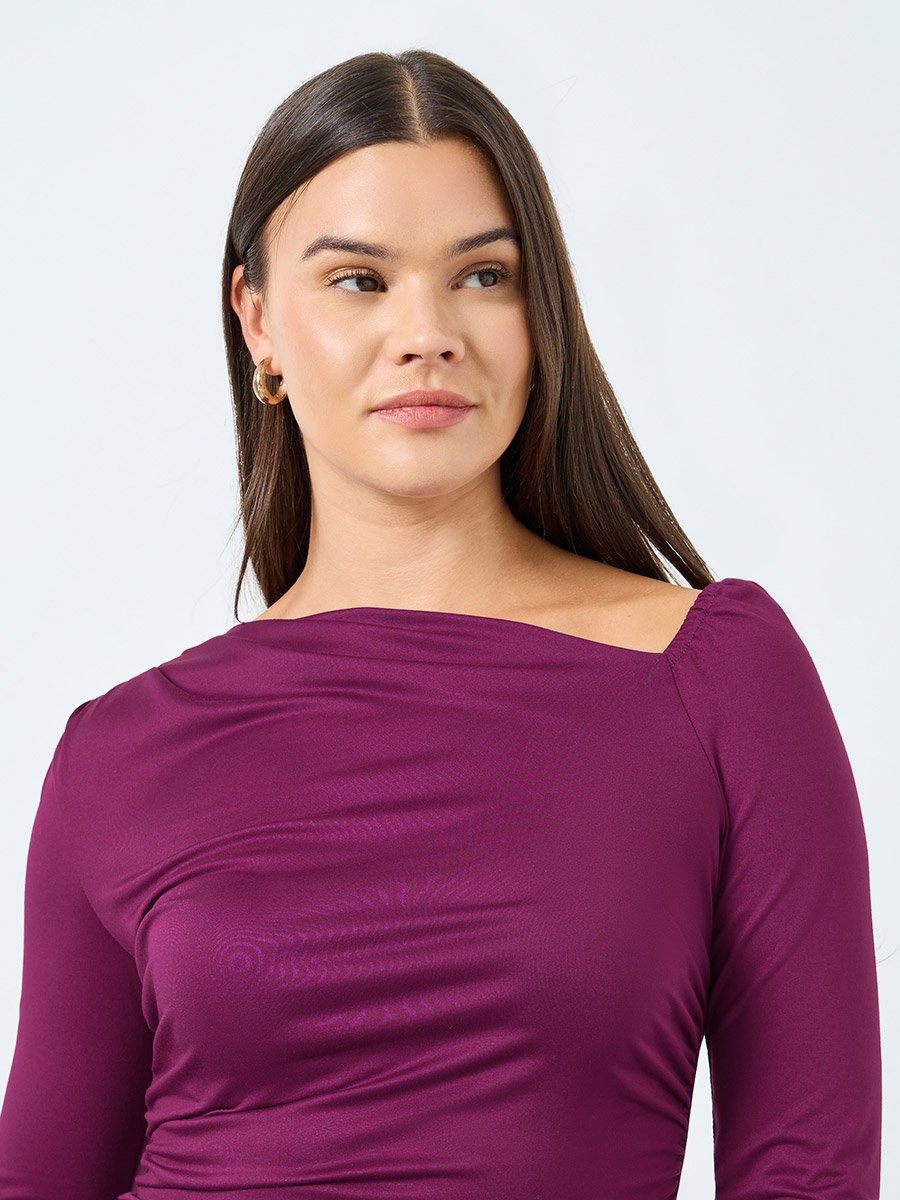 Purple Asymmetric Neck Fitted Knit Top