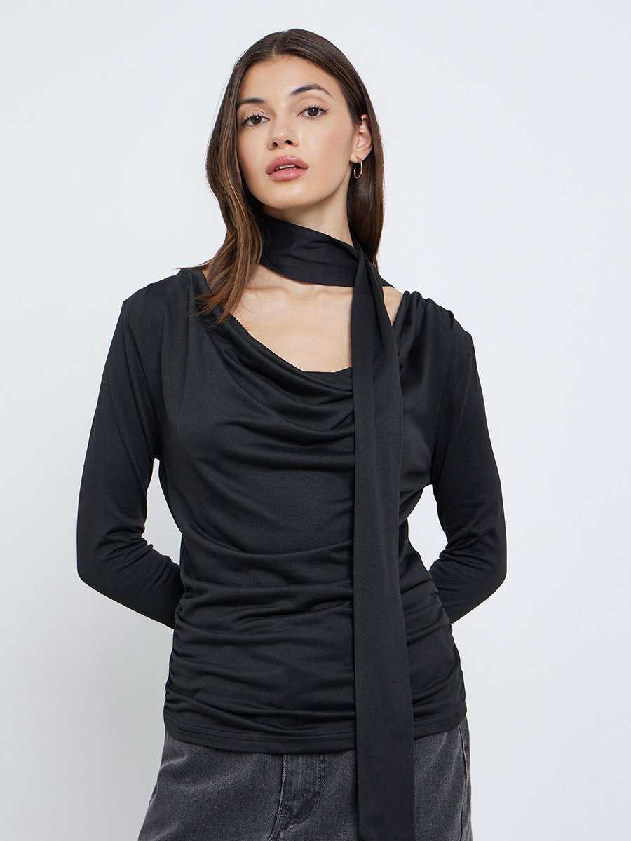 Black Cowl Neck Knit Top with Neck Scarf