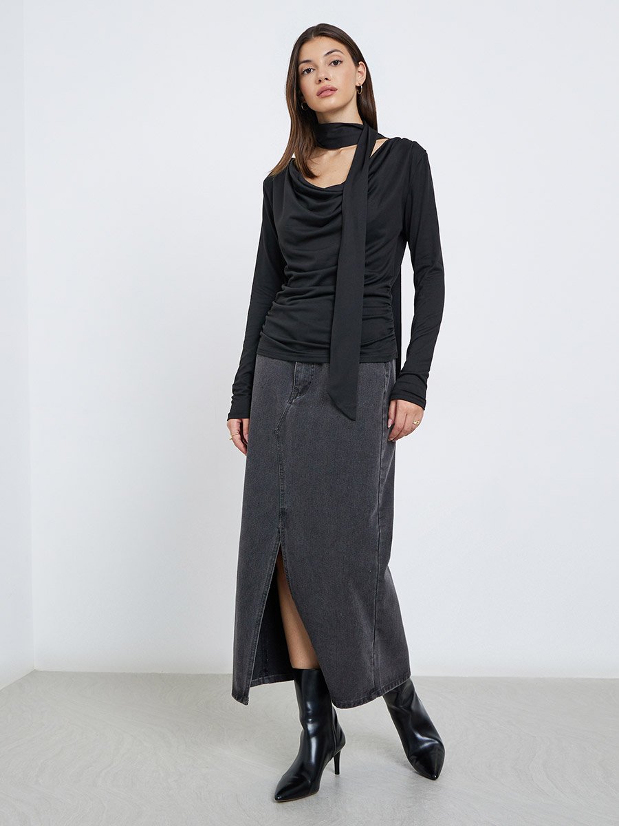 Black Cowl Neck Knit Top with Neck Scarf