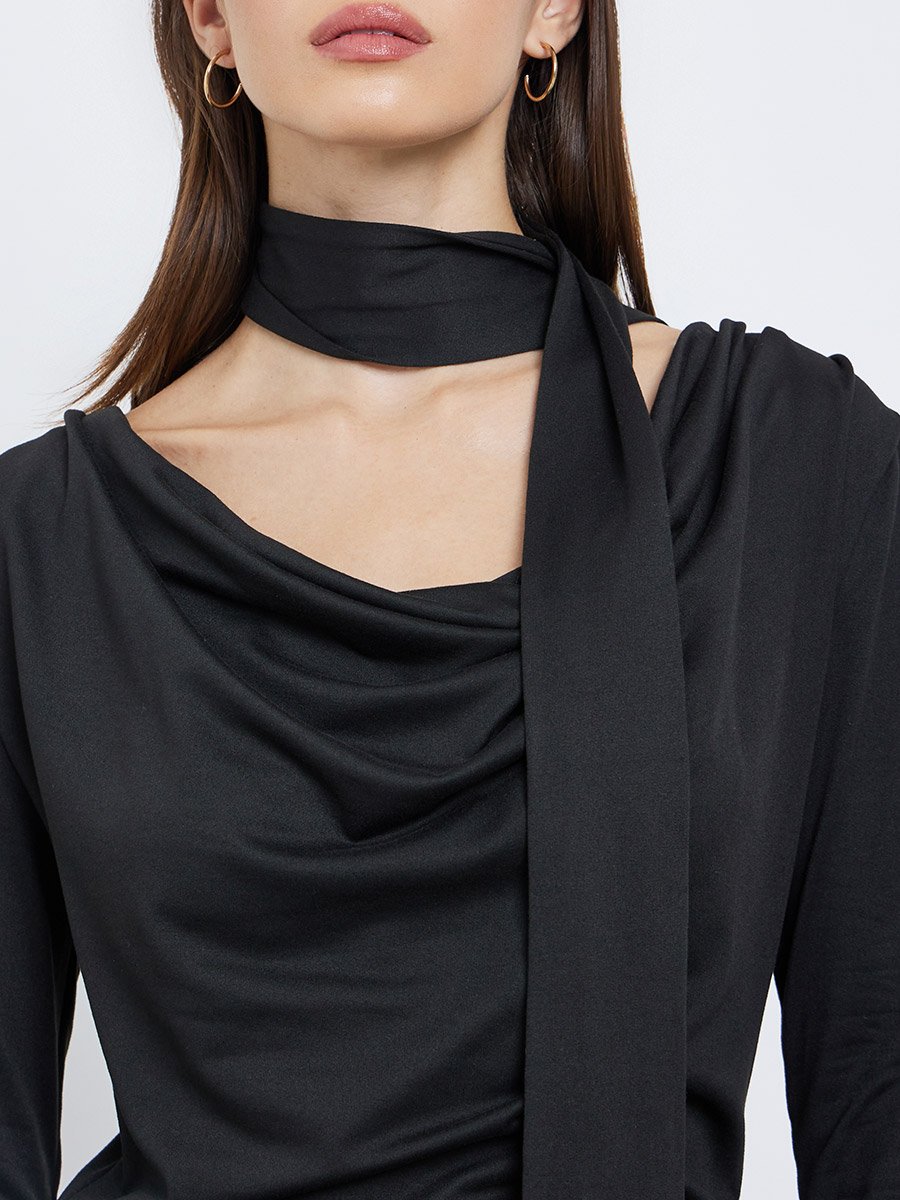 Black Cowl Neck Knit Top with Neck Scarf