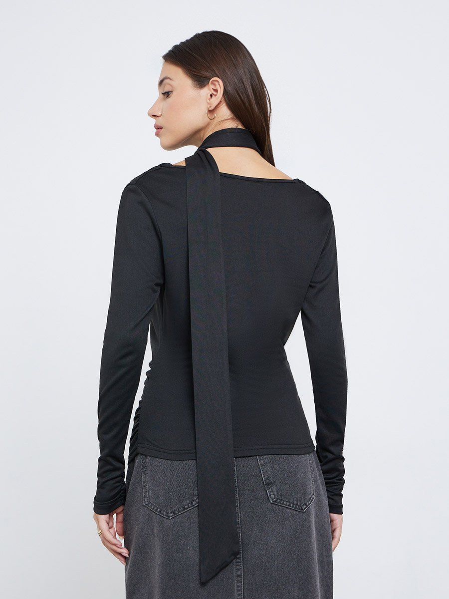 Black Cowl Neck Knit Top with Neck Scarf