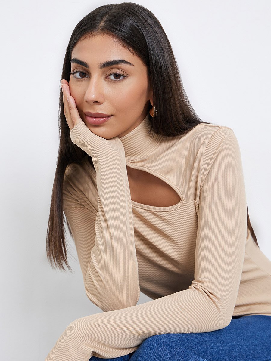 Beige Knit Top with Cut-Out Detail