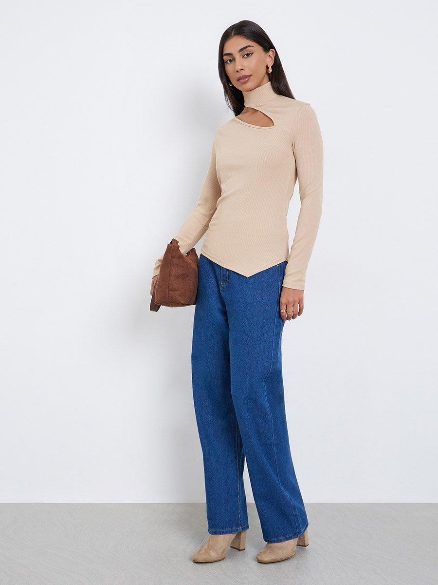 Beige Knit Top with Cut-Out Detail
