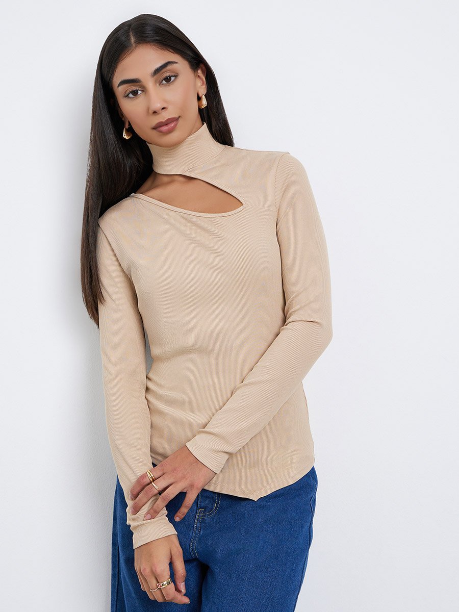 Beige Knit Top with Cut-Out Detail