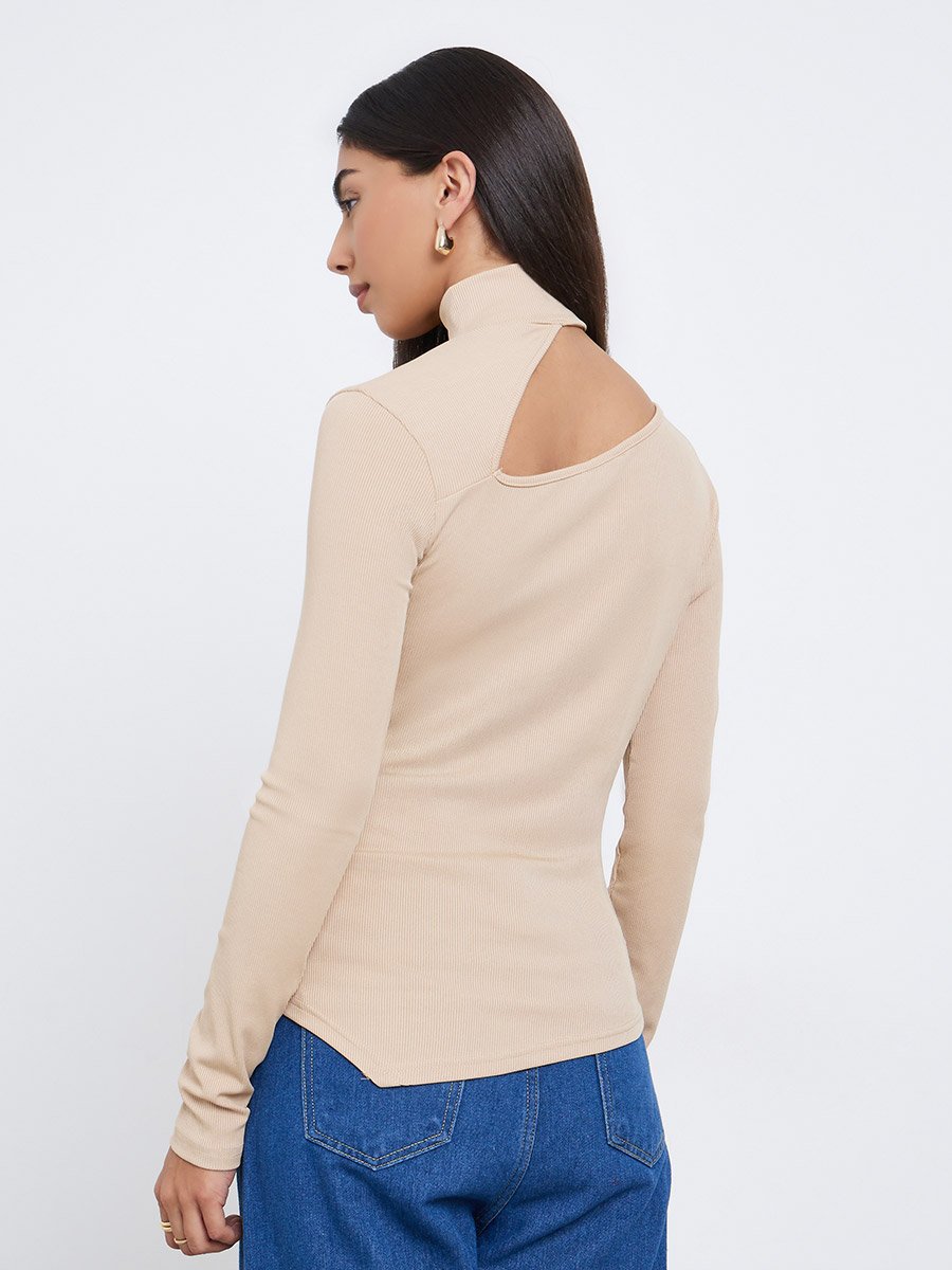Beige Knit Top with Cut-Out Detail