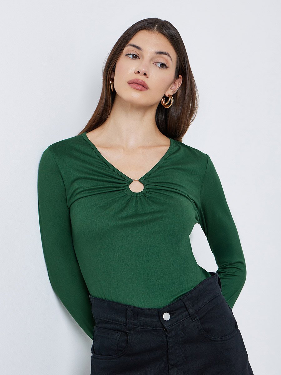 Green Keyhole Detail Fitted Knit Top