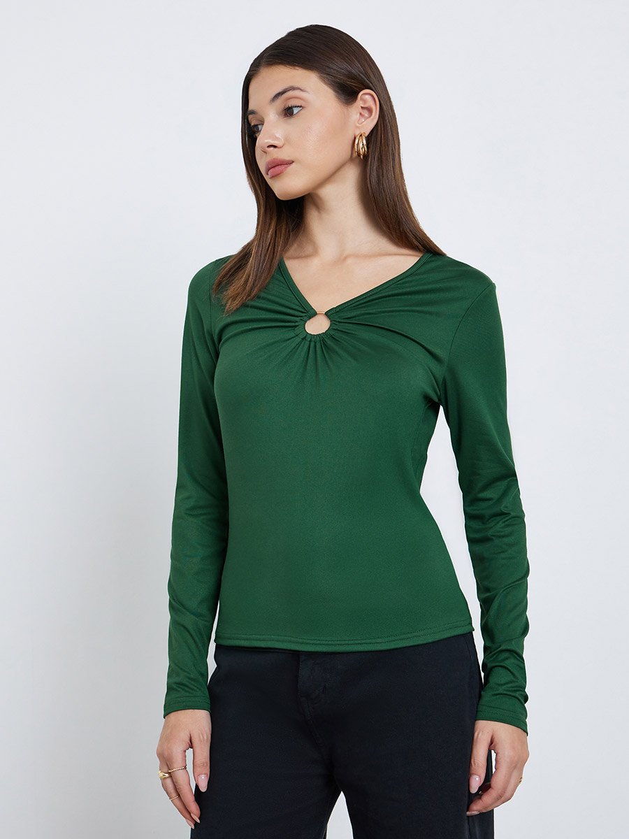 Green Keyhole Detail Fitted Knit Top