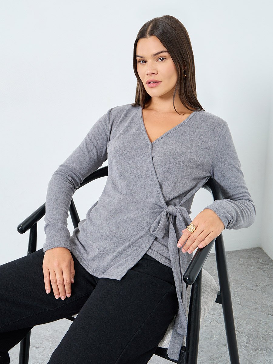 Grey Plain Long Sleeve Knitted Wrap Top